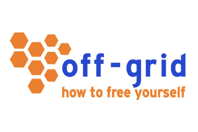 Off-grid logo - blue and orange, lower case words: "off-grid, how to free yourself"