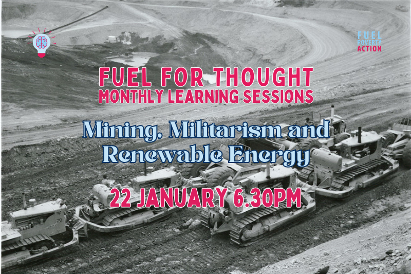 Black and white image showing mining equipment with an open-cast mine in the background. With details of the session.