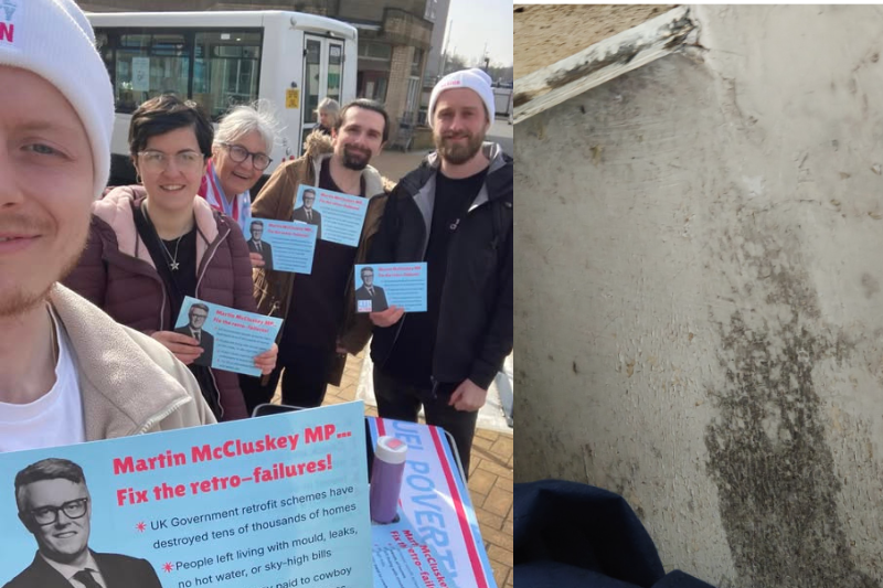 FPA members campaign in Martin McCluskey's constituency calling for him to fix the retrofailures. Some wear FPA hats, all hold postcards to send to Martin McCluskey MP.